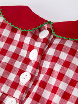 Baby Girls Christmas Outfit – Vibrant Red Plaid Romper with Festive Tree Bow Accents by Rylee Faith Designs - Close-Up