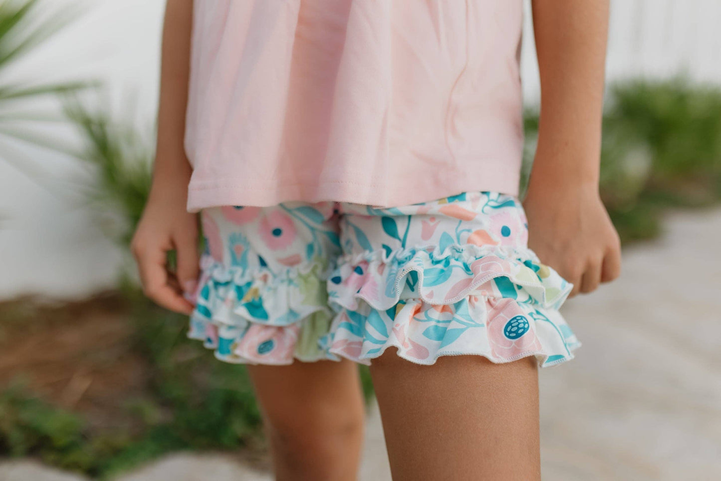 Blush Pink Ruffles Pastel Floral Short Set | Girls by Adorable Sweetness - Back View