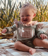 First Down Embroidered Gingham Football Ruffle Romper - Front View
