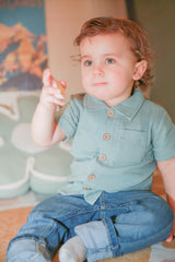 Henry Sage Organic Muslin Short Sleeve Button-Up Shirt by The Honey and Bro Co. - Front View