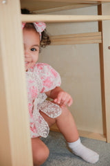 Pink Rose Print Baby Girl Romper with Headband Set by The Honey and Bro Co. - Back View