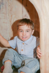 Henry Arctic Blue Organic Muslin Button-Up Shirt by The Honey and Bro Co. - Back View