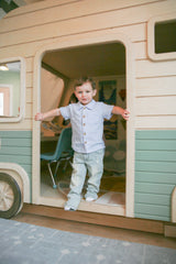 Henry Arctic Blue Organic Muslin Button-Up Shirt by The Honey and Bro Co. - Lifestyle View