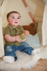 Organic Short Sleeve Button Up Shirt | Olive Green by The Honey and Bro Co. - Lifestyle View