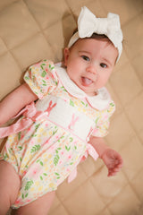 Easter Bunny Smocked Baby Girl Romper - Embroidery Infant by The Honey and Bro Co. - Front View