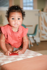 Daphne Coral Organic Linen Blend Romper by The Honey and Bro Co. - Detail View