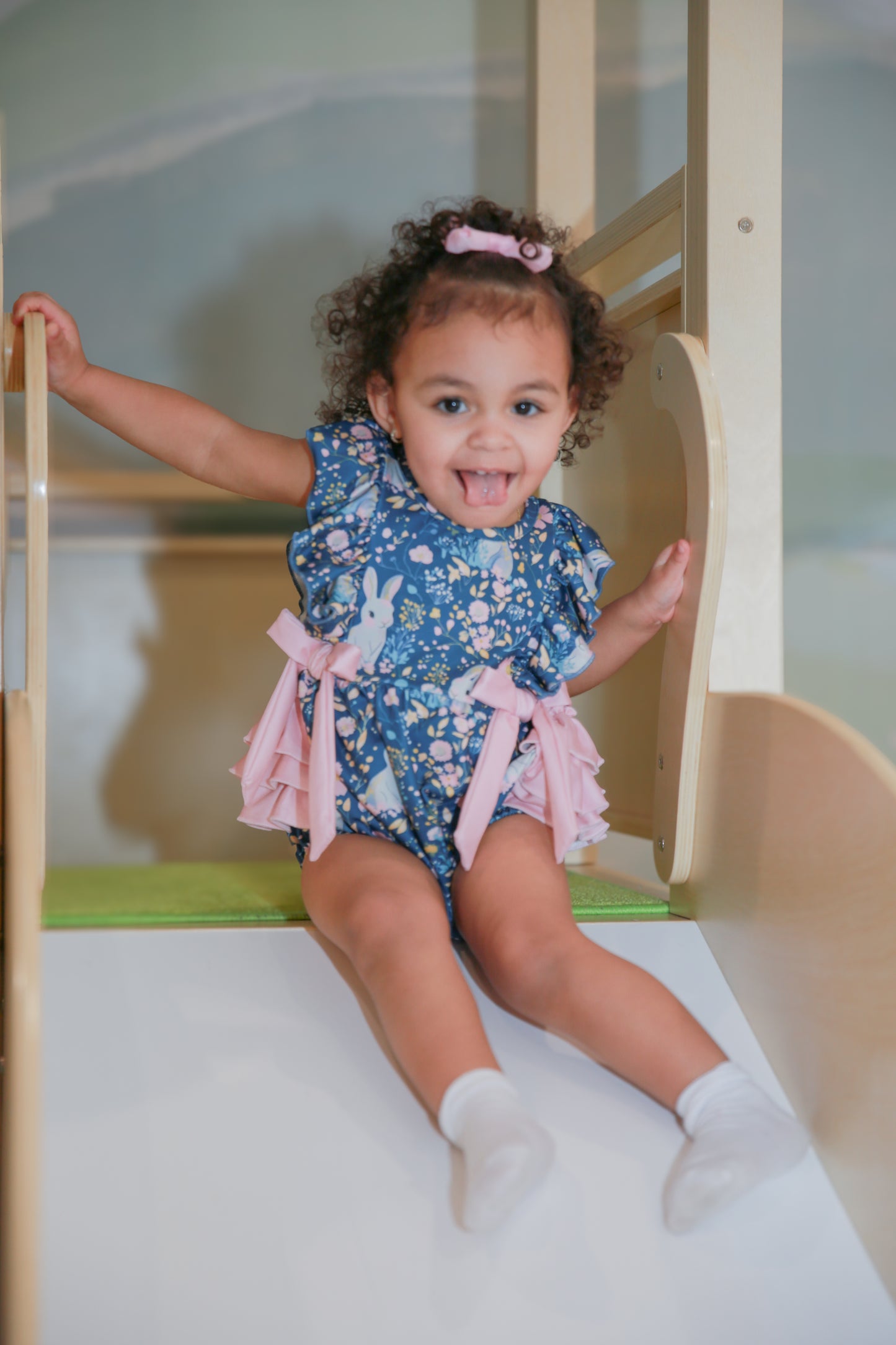 Teal Easter Bunny Garden Ruffle Baby Girl Romper - Spring - Baby & Toddler Clothing | The Honey and Bro Co