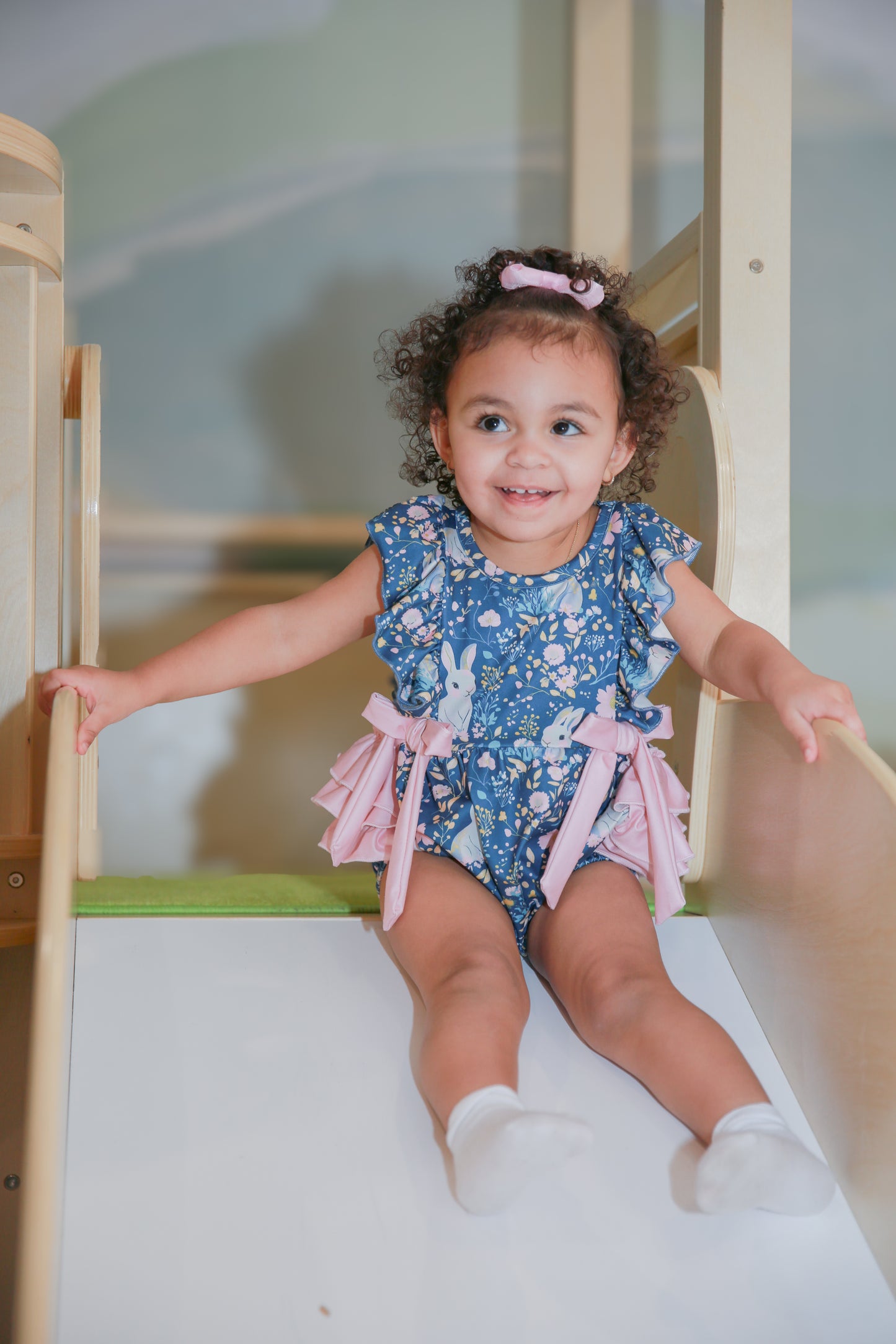 Teal Easter Bunny Garden Ruffle Baby Girl Romper - Spring - Baby & Toddler Clothing | The Honey and Bro Co