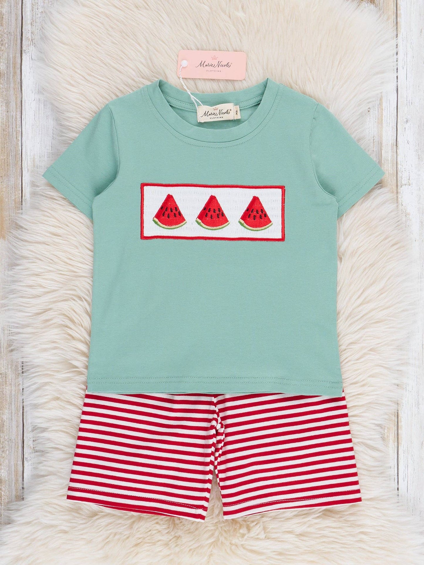 Back view of Watermelon Stripes Smocked Cotton Outfit showing striped pattern on toddler boy two-piece set