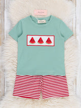 Back view of Watermelon Stripes Smocked Cotton Outfit showing striped pattern on toddler boy two-piece set