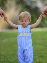 Spring and Summer Baby Chick Embroidery Blue Boy Romper by Rylee Faith Designs - Front View - Easter Baby Clothing