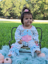 Halloween Baby Girls Ruffle Pumpkin Applique & Floral Print Romper by The Honey and Bro Co. - Front View