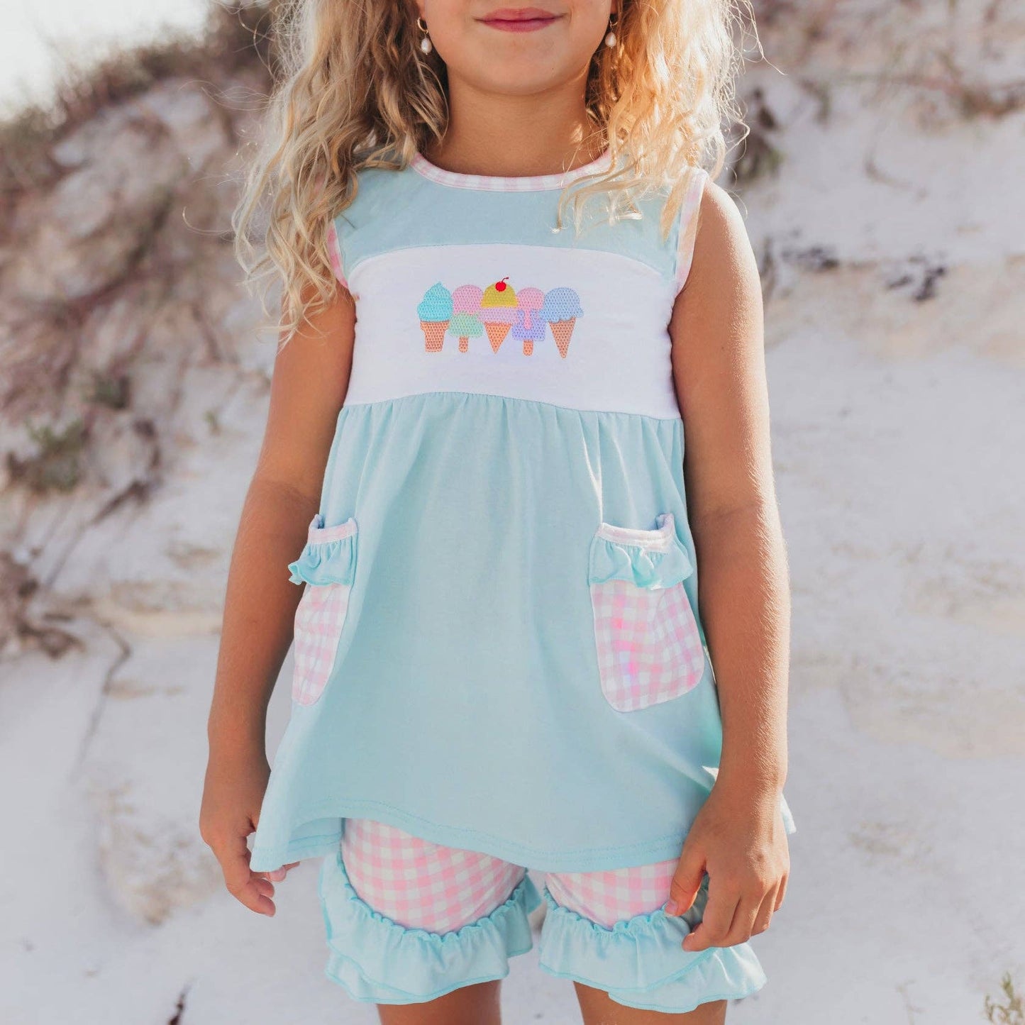 Pastel Ice Cream Gingham Ruffle Short Set for Girls - Front View
