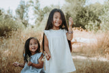 Charlotte Cloud Organic Muslin Sleeveless Dress | Cloud Blue by Mimi & Me - Close-Up