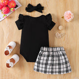 3-piece Black Romper Tweed Skirt & Headband Set by PatPat - Back View