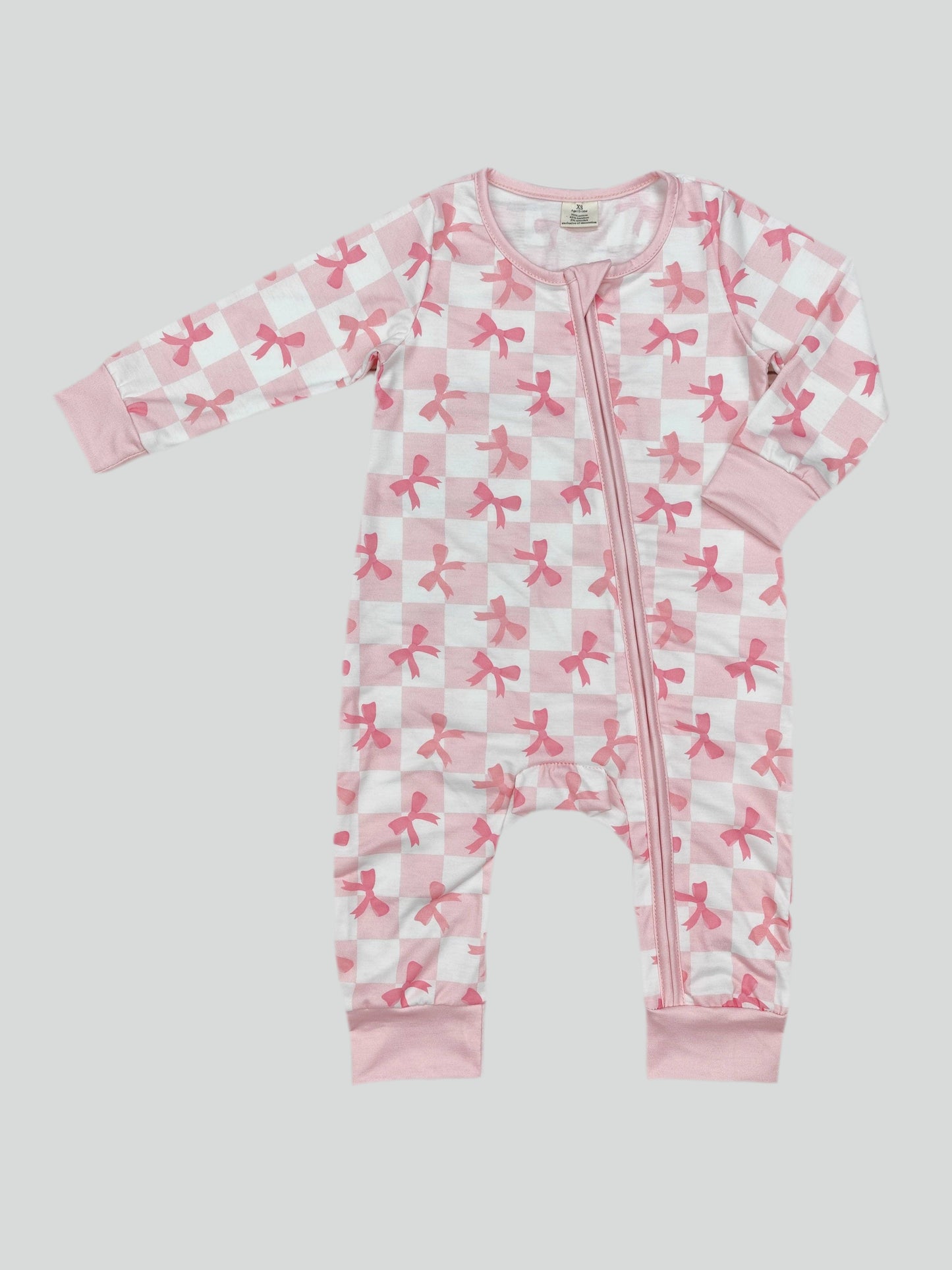 Checkered Bow Print Bamboo-Cotton Baby Zip Sleeper by The Honey and Bro Co. - Detail View