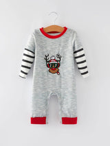Reindeer Embroidery Striped Baby Romper | Holiday by The Honey and Bro Co. - Front View