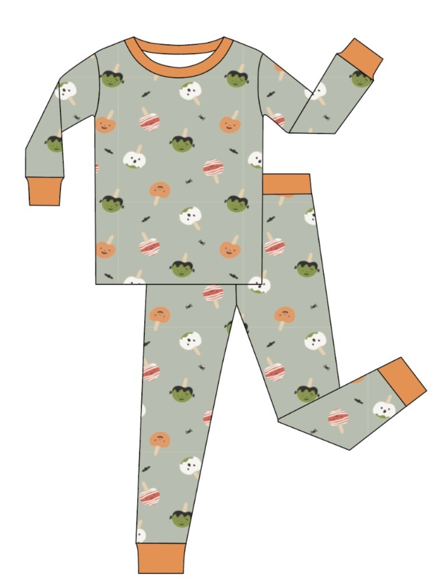 Monster Munch Zinza toddler two-piece pajama set product view with long-sleeve top and matching pants