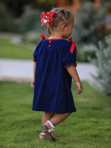 Navy Christmas Dress with Santa Sleigh | Festive Holiday Celebration Outfit for Girls by Rylee Faith Designs - Close-Up