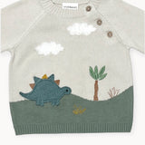 Organic Cotton Dinosaur Appliqué Baby Sweater Stone by The Honey and Bro Co. - Back View