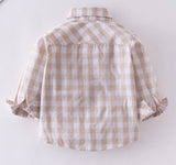 BEIGE WHITE PLAID COTTON BUTTON-DOWN SHIRT by Fennco Styles - Lifestyle View - Easter Baby Clothing