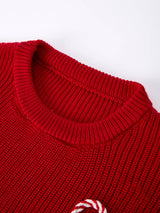 Girls' Red "Merry" Christmas Pullover Sweater - Festive Winter Holiday Knit for Kids by Rylee Faith Designs - On Model