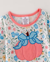 Halloween Baby Girls Ruffle Pumpkin Applique & Floral Print Romper by The Honey and Bro Co. - Side View