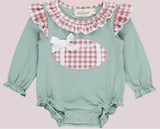 First Down Embroidered Gingham Football Ruffle Romper by The Honey and Bro Co. - Back View