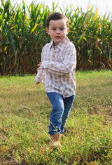 BEIGE WHITE PLAID COTTON BUTTON-DOWN SHIRT by Fennco Styles - Front View - Easter Baby Clothing