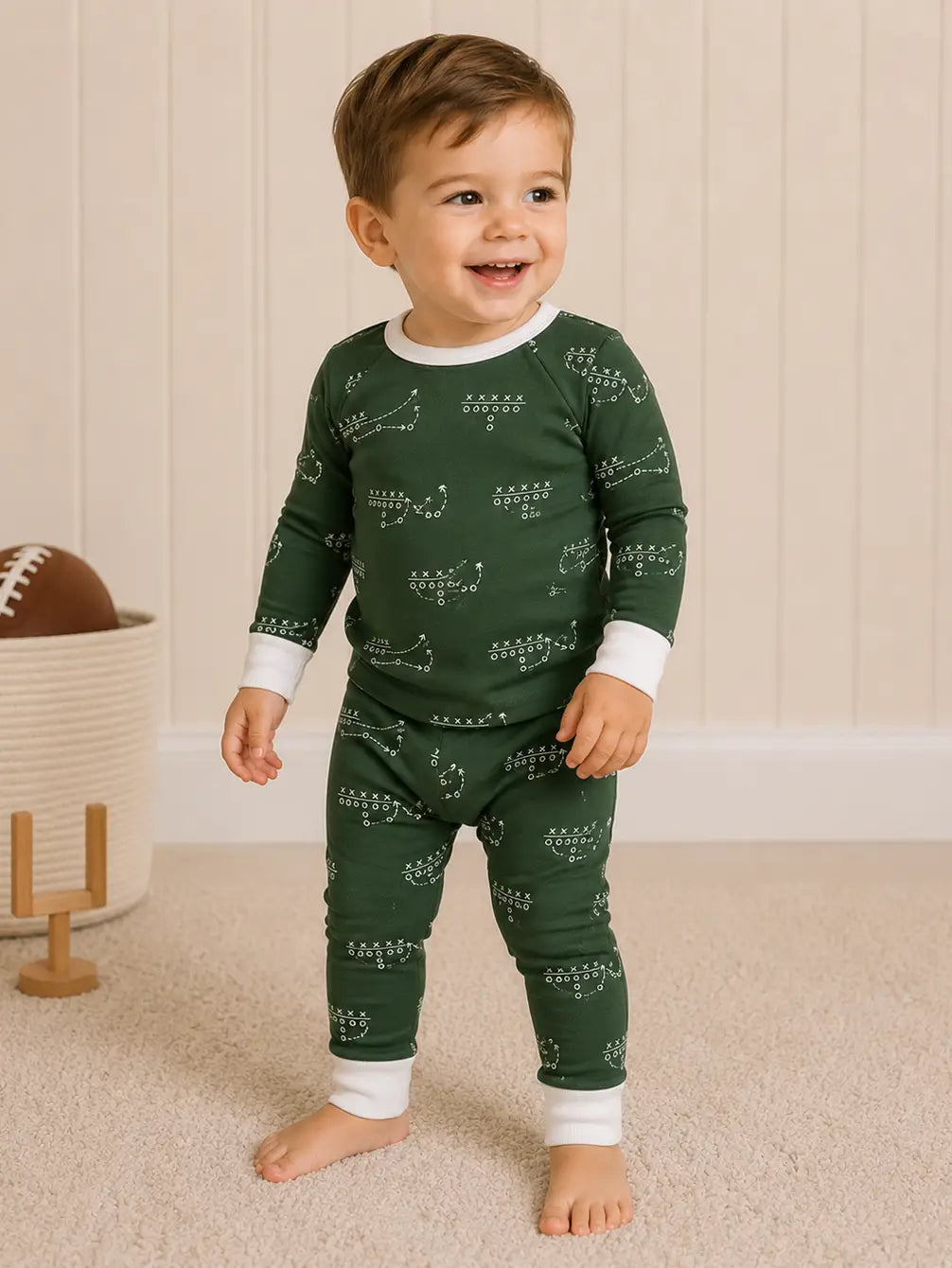 Little Playbook Soluna bamboo football toddler two-piece pajama set by The Honey and Bro Co.
