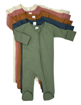 Organic Cotton Long Sleeve Baby Romper with Fold-Over Mittens by MONAG - Front View