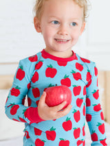 Apple Print Toddler Pajama Set Cotton Modal Blue - Front View Long Sleeve Top and Pants