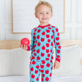 Apple Print Toddler Pajama Set Cotton Modal Blue - Detail View Soft Fabric Pattern