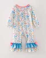 Halloween Baby Girls Ruffle Pumpkin Applique & Floral Print Romper by The Honey and Bro Co. - Detail View