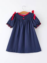Navy Christmas Dress with Santa Sleigh | Festive Holiday Celebration Outfit for Girls by Rylee Faith Designs - Flat Lay