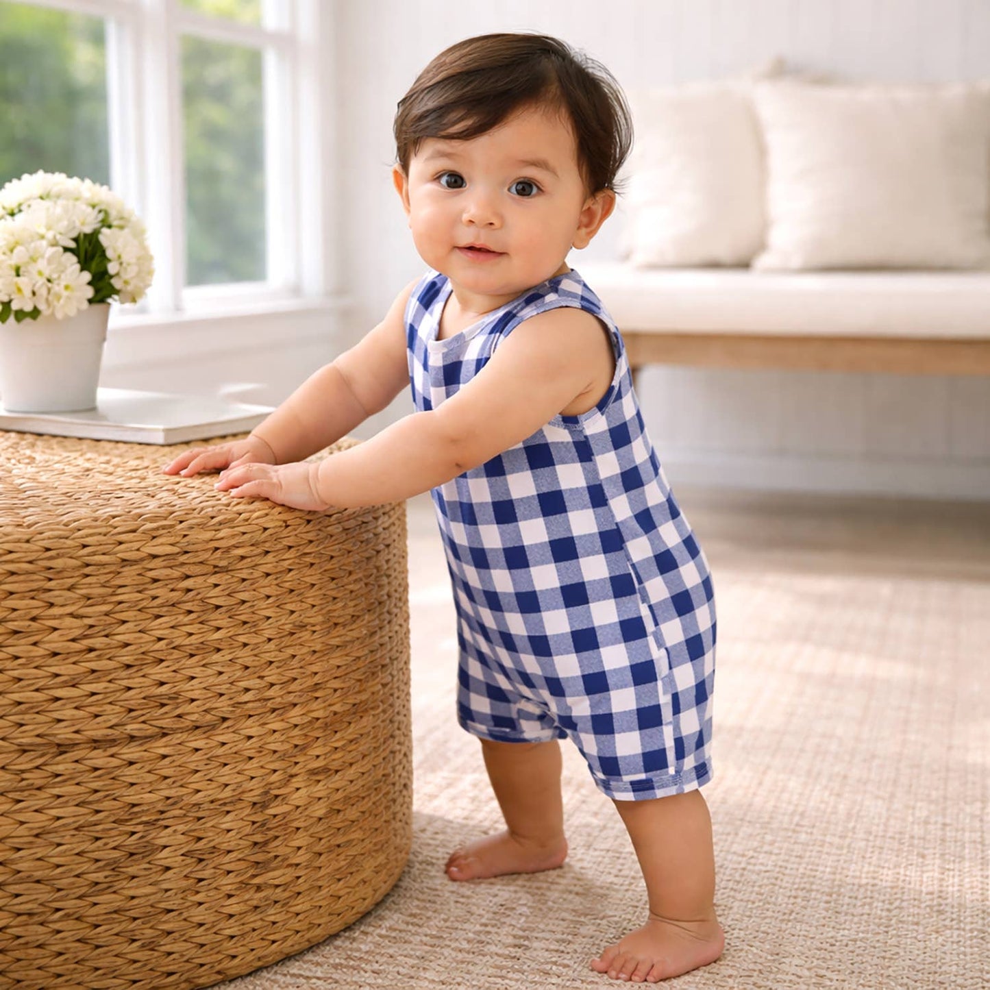 Picnic Plaid bamboo sleeveless shortall romper for babies by Tesa Babe - gender neutral summer one-piece