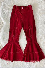 Red Denim Double Bell Bottom Baby Flared Jeans by The Honey and Bro Co. - Front View