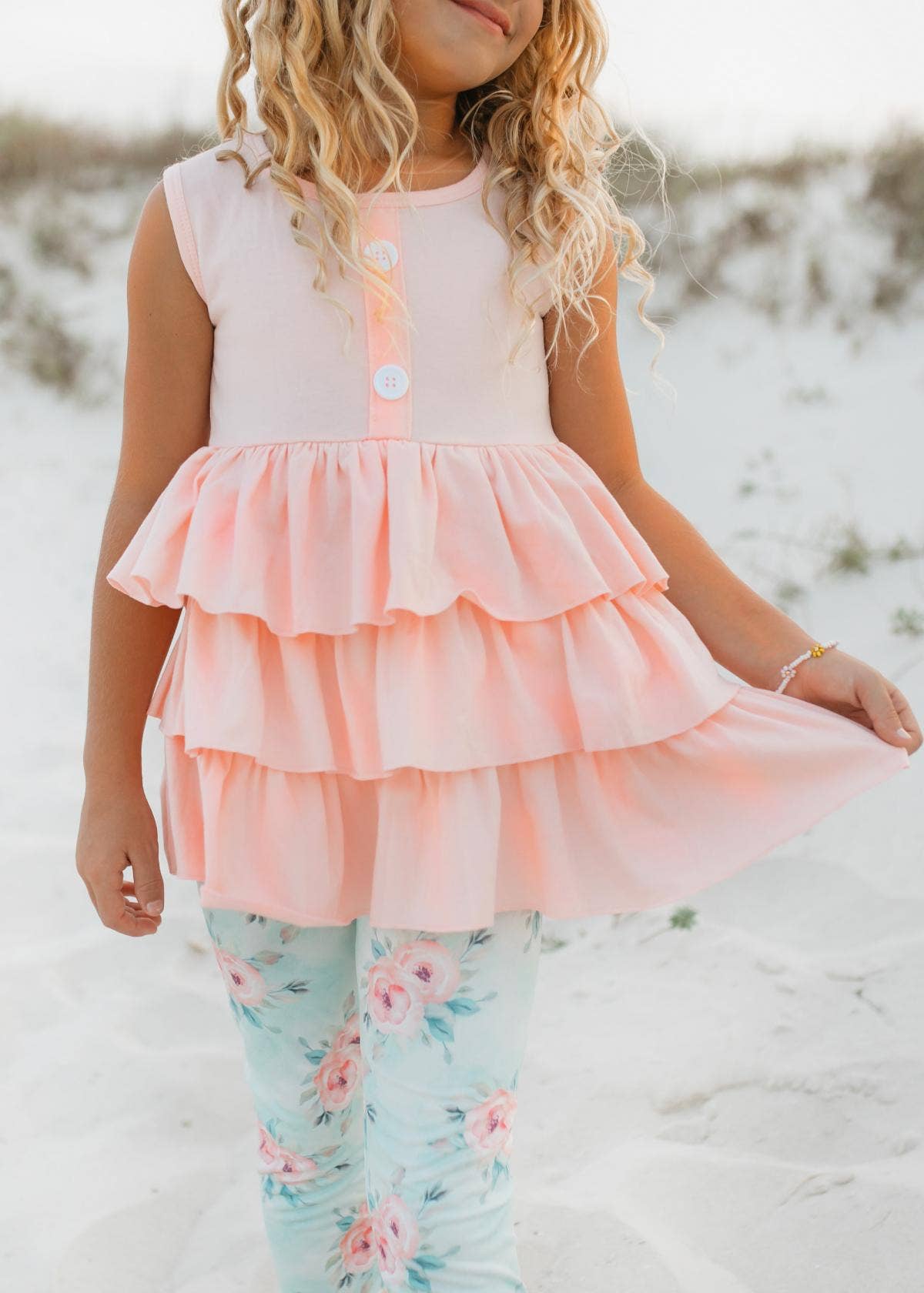 Peach Teal Floral Tiered Ruffle Spring Set for Girls - Front View by Adorable Sweetness