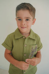 Organic Short Sleeve Button Up Shirt | Olive Green by The Honey and Bro Co - Lifestyle View