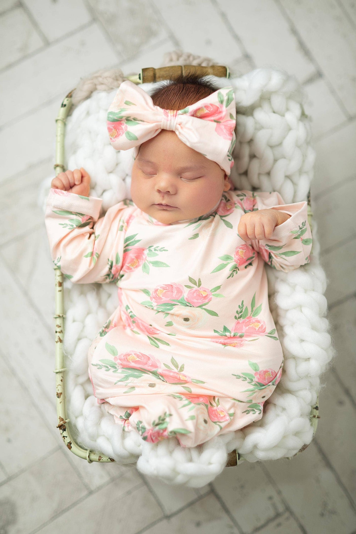 Pink Rose Baby Gown and Bow Headband | Infant Girls by Adorable Sweetness - Front View