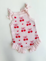 Summer Cherry Heart Bow Frill Romper by The Honey and Bro Co - Detail View