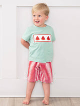 Flat lay of Watermelon Stripes Smocked Cotton Outfit showing complete two-piece toddler boy summer set by Marie Nicole Clothing