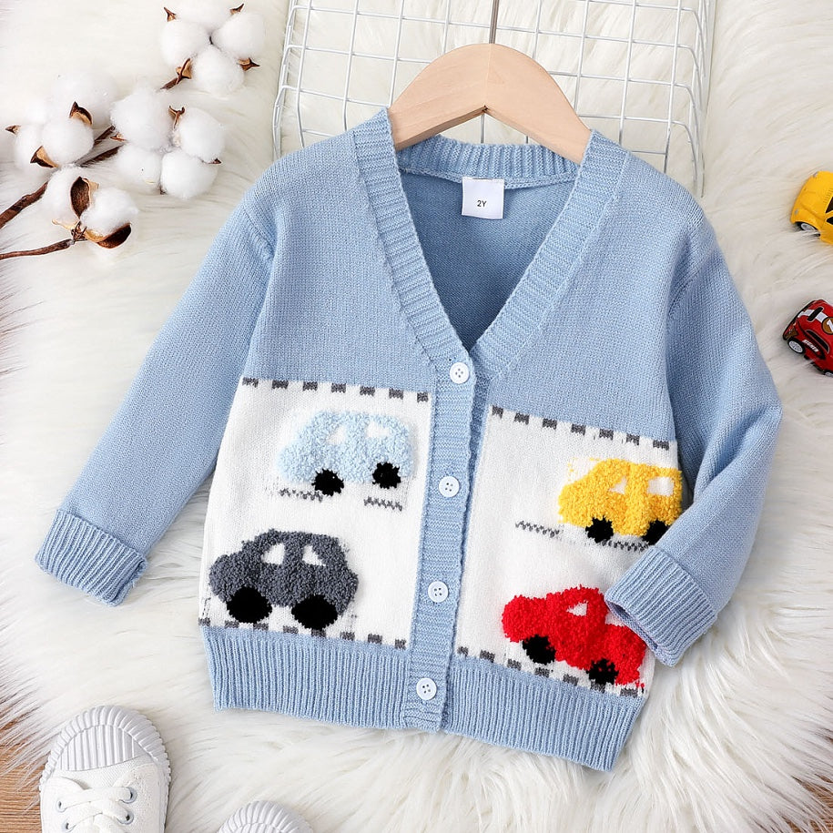 Toddler Vehicle Pattern Button Up Cardigan Sweater by The Honey and Bro Co. - Detail View