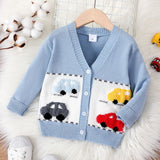 Toddler Vehicle Pattern Button Up Cardigan Sweater by The Honey and Bro Co. - Detail View