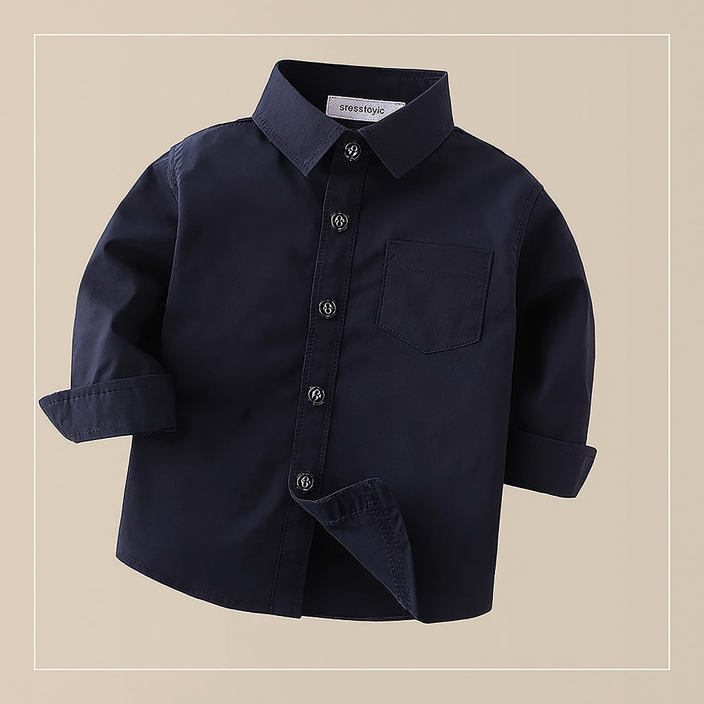 Navy Blue Cotton Button-Down Shirt – Baby & Toddler by The Honey and Bro Co. - Detail View