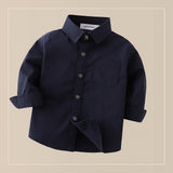 Navy Blue Cotton Button-Down Shirt – Baby & Toddler by The Honey and Bro Co. - Detail View