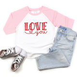Pink Love You Valentine's Raglan | Girls Shirt by The Honey and Bro Co. - Detail View