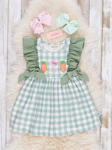 Gingham Carrot Patch Embroidered Baby Girl Dress by Marie Nicole Clothing - Back View - Easter Baby Clothing