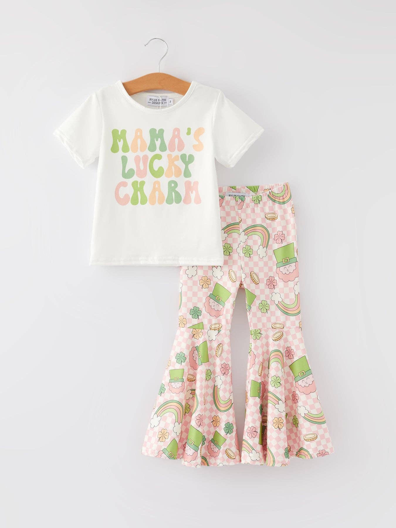 St. Patrick's Day Shamrock Print Milk Silk Top + Pants Girls Set by Rylee Faith Designs - Front View