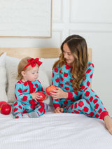 Apple Print Ruffled Cotton-Modal Baby Sleeper with Trim by RuffleButts - Flat Lay